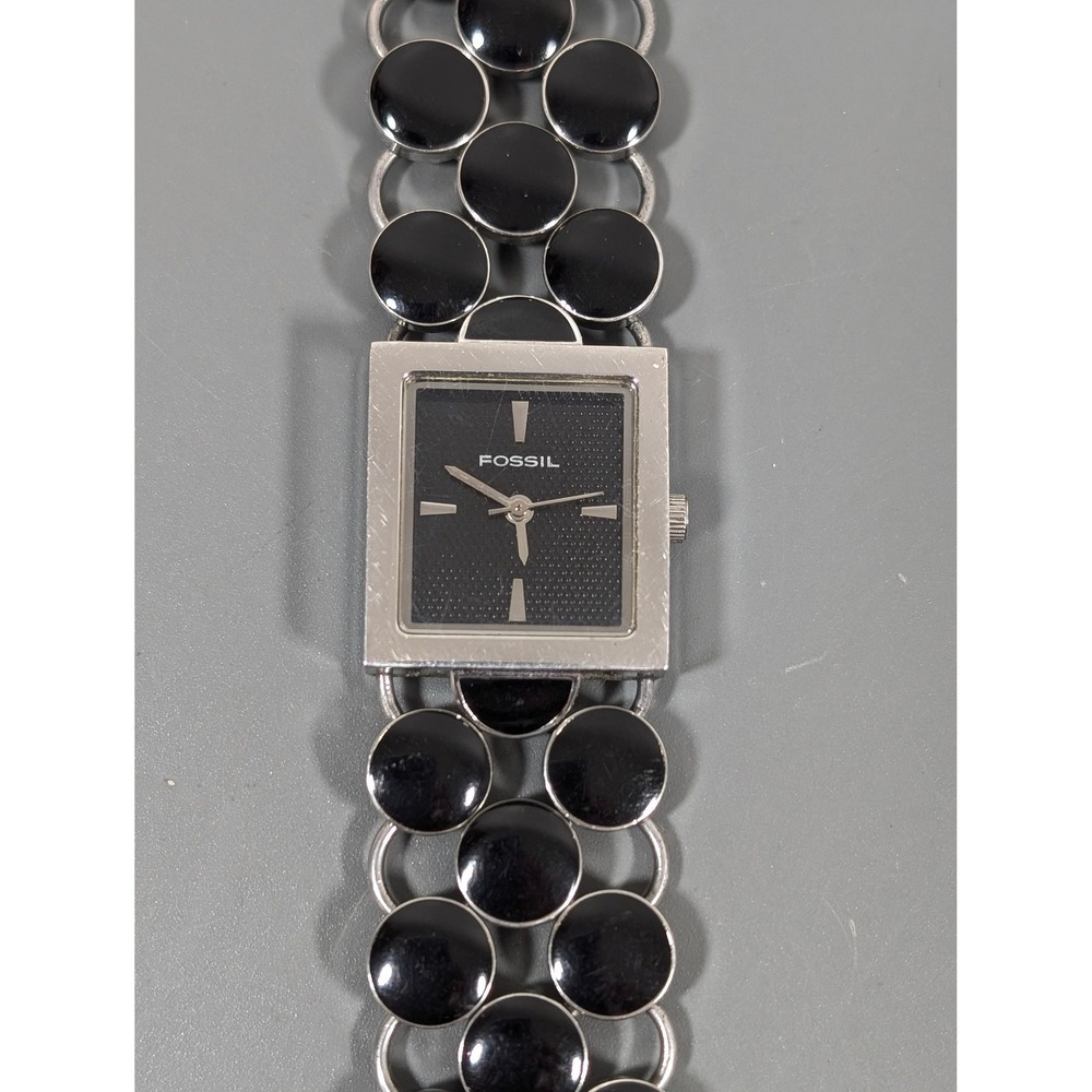 Fossil Black Enamel Watch Womens Silver Tone Bracelet Working
